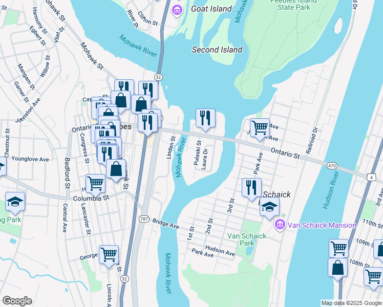 map of restaurants, bars, coffee shops, grocery stores, and more near 73 Pulaski Street in Cohoes