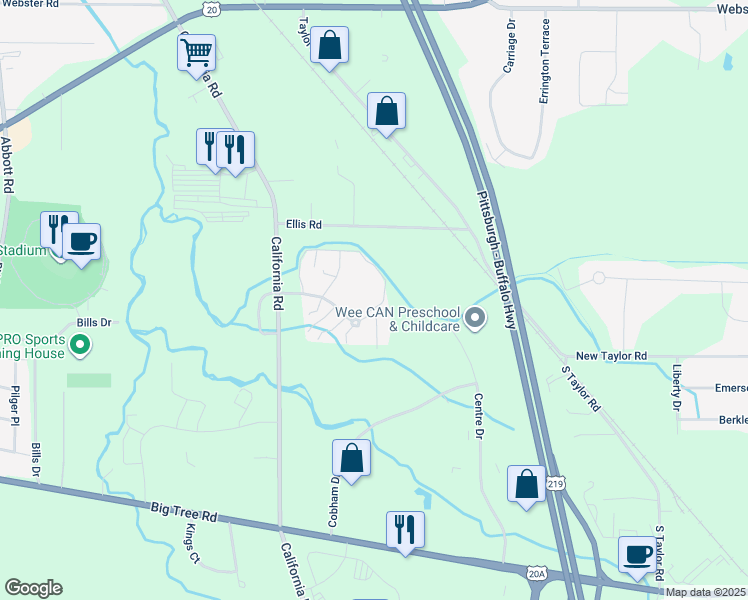 map of restaurants, bars, coffee shops, grocery stores, and more near 214 Stepping Stone Lane in Orchard Park
