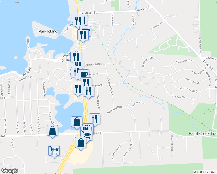 map of restaurants, bars, coffee shops, grocery stores, and more near 734 Pleasant Ridge in Lake Orion