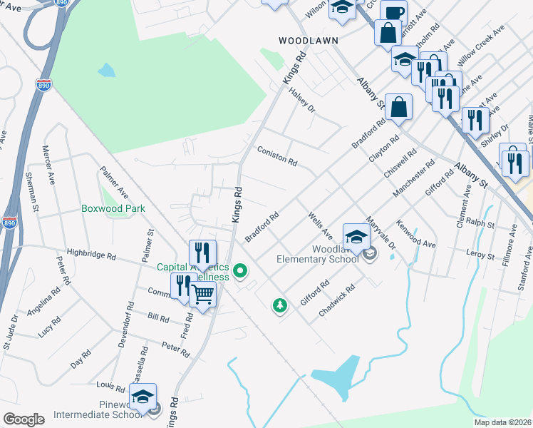 map of restaurants, bars, coffee shops, grocery stores, and more near 484 Bradford Road in Schenectady