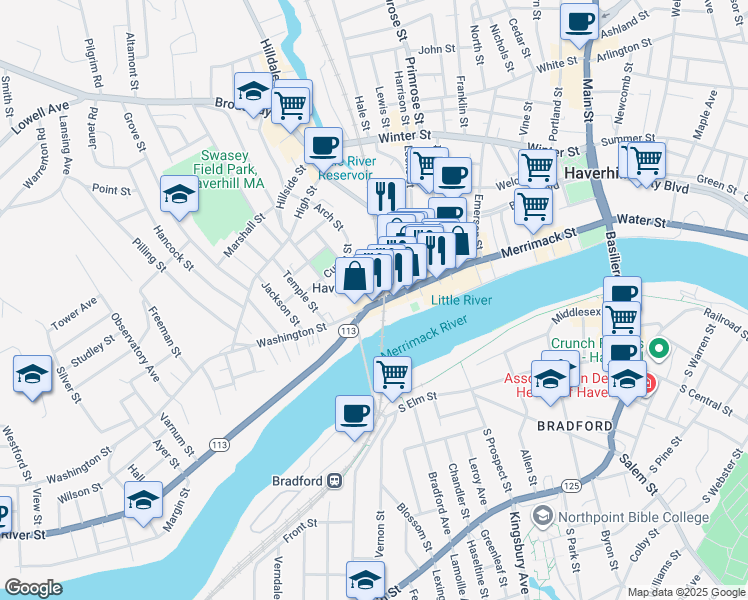 map of restaurants, bars, coffee shops, grocery stores, and more near 135 Washington Street in Haverhill