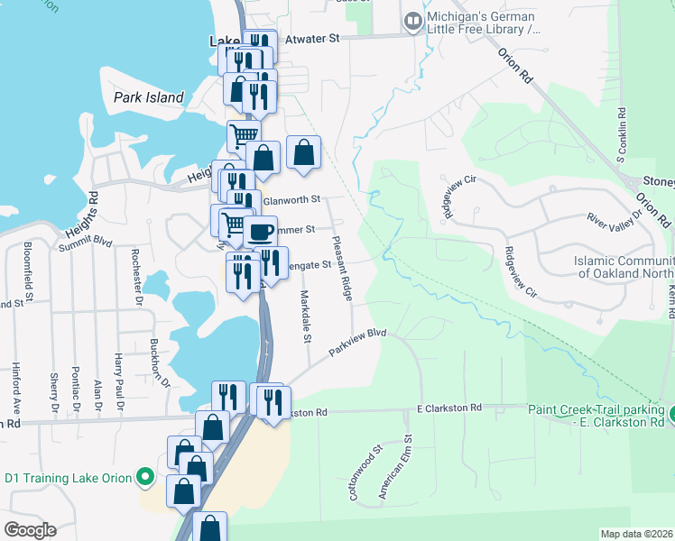 map of restaurants, bars, coffee shops, grocery stores, and more near 734 Pleasant Ridge in Lake Orion