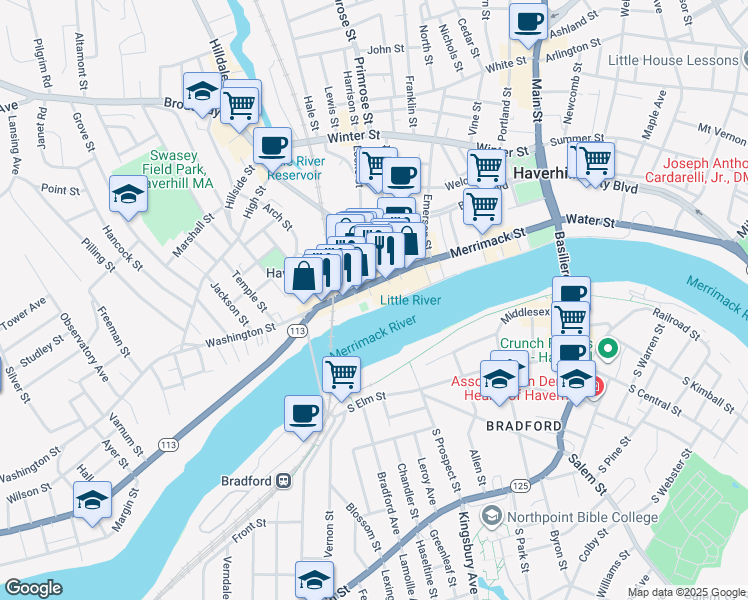 map of restaurants, bars, coffee shops, grocery stores, and more near 102 Washington Street in Haverhill