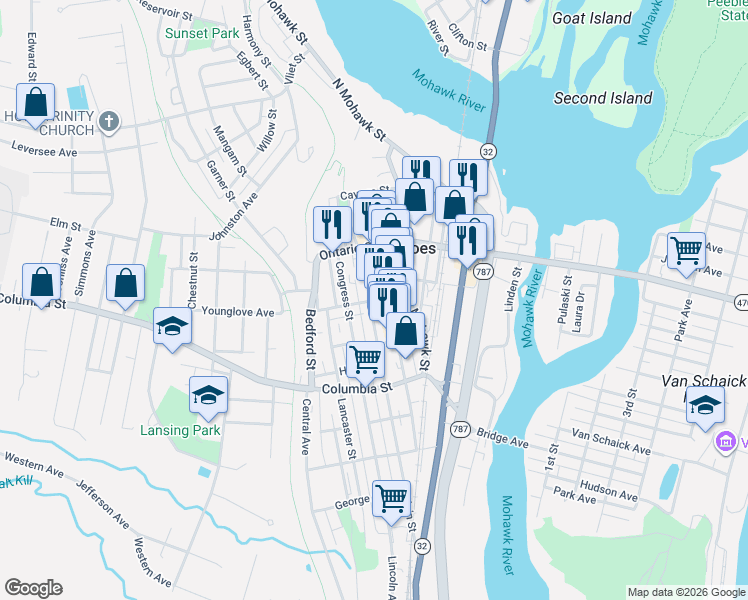 map of restaurants, bars, coffee shops, grocery stores, and more near 180 Remsen Street in Cohoes