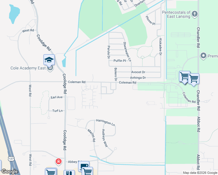 map of restaurants, bars, coffee shops, grocery stores, and more near 3400 Beaumont Park Drive in East Lansing