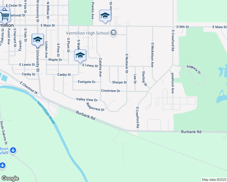 map of restaurants, bars, coffee shops, grocery stores, and more near 1207 Crestview Drive in Vermillion