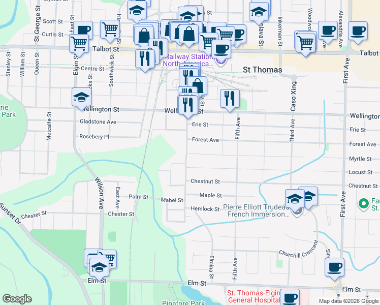 map of restaurants, bars, coffee shops, grocery stores, and more near 215 Ross Street in St. Thomas