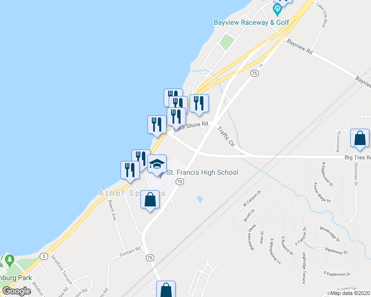 map of restaurants, bars, coffee shops, grocery stores, and more near 3393 Big Tree Road in Hamburg