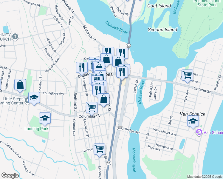 map of restaurants, bars, coffee shops, grocery stores, and more near 130 Canvass Street in Cohoes