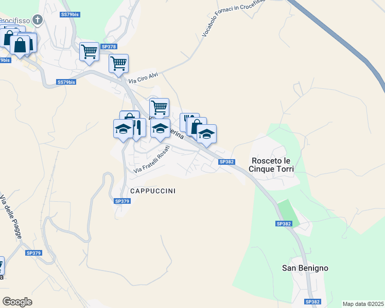 map of restaurants, bars, coffee shops, grocery stores, and more near 12 Via del Broglino in Todi
