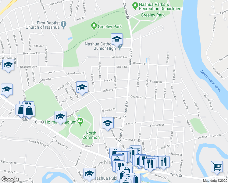 map of restaurants, bars, coffee shops, grocery stores, and more near 12 Hall Avenue in Nashua