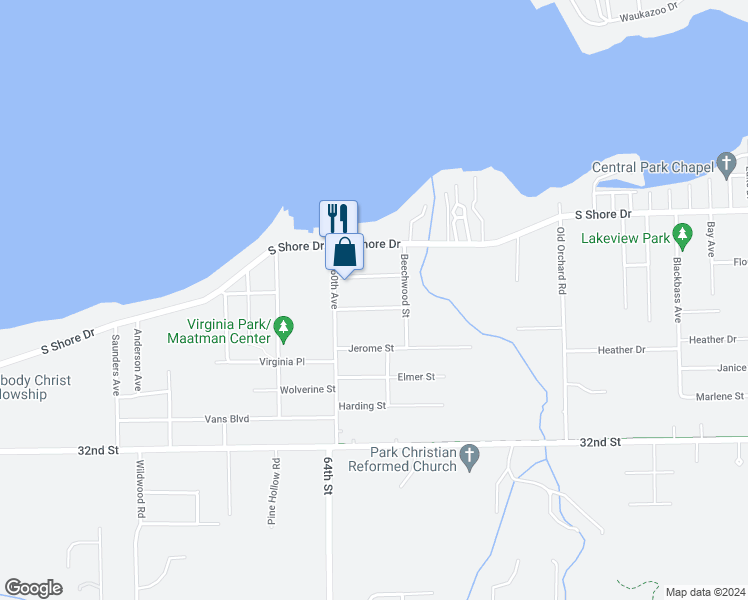 map of restaurants, bars, coffee shops, grocery stores, and more near 1605 Woodlawn Avenue in Holland