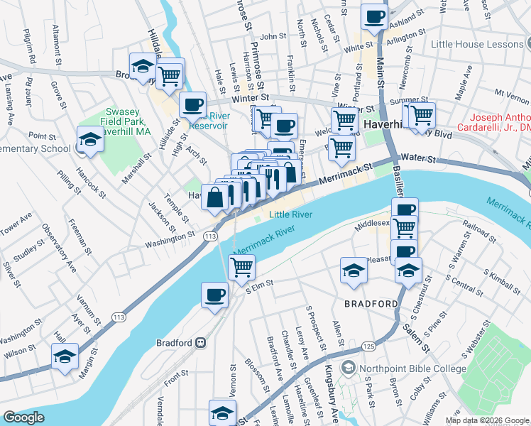 map of restaurants, bars, coffee shops, grocery stores, and more near 70 Washington Street in Haverhill