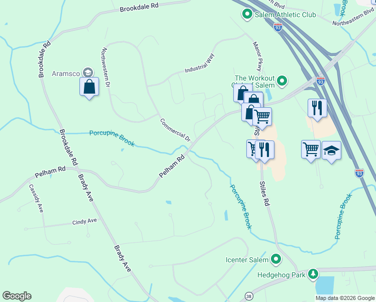 map of restaurants, bars, coffee shops, grocery stores, and more near 65 Pelham Road in Salem