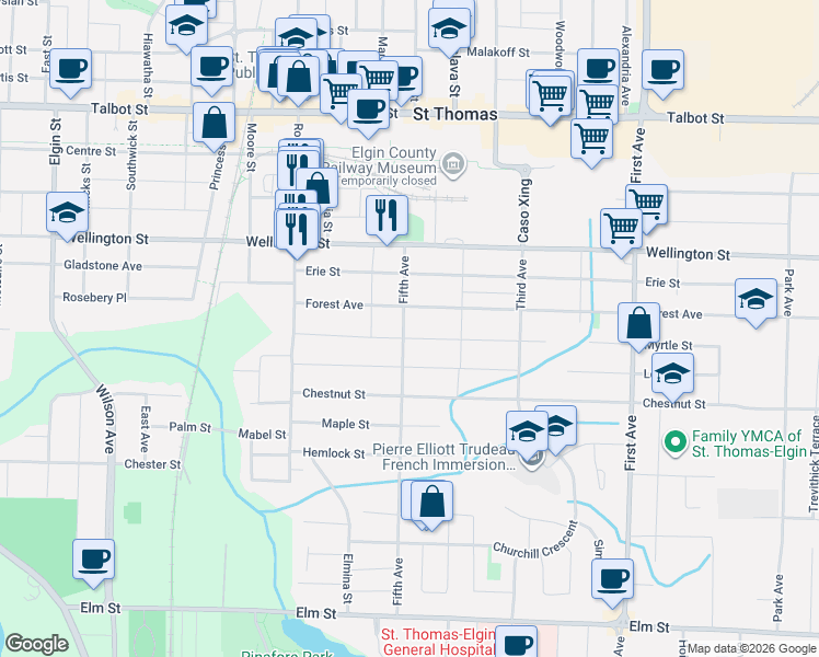 map of restaurants, bars, coffee shops, grocery stores, and more near 42 Fifth Avenue in St. Thomas