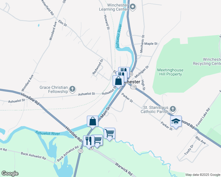 map of restaurants, bars, coffee shops, grocery stores, and more near 21 Ashuelot Street in Winchester