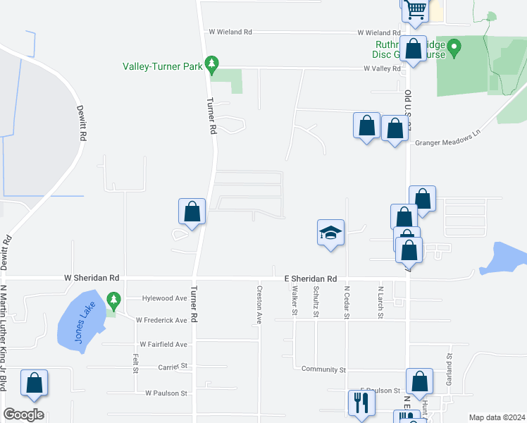 map of restaurants, bars, coffee shops, grocery stores, and more near 124 Desander Drive in Lansing