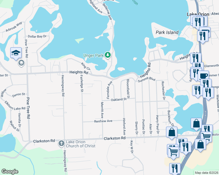 map of restaurants, bars, coffee shops, grocery stores, and more near 670 Ferndale Avenue in Orion charter Township