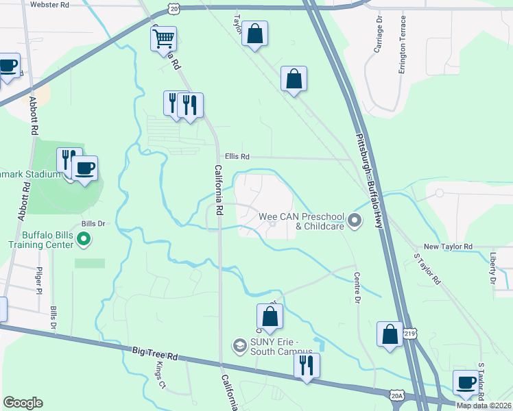 map of restaurants, bars, coffee shops, grocery stores, and more near 122 Stepping Stone Lane in Orchard Park
