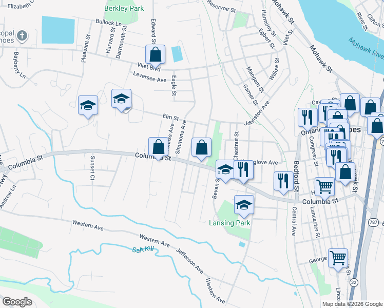 map of restaurants, bars, coffee shops, grocery stores, and more near 54 Mann Avenue in Cohoes