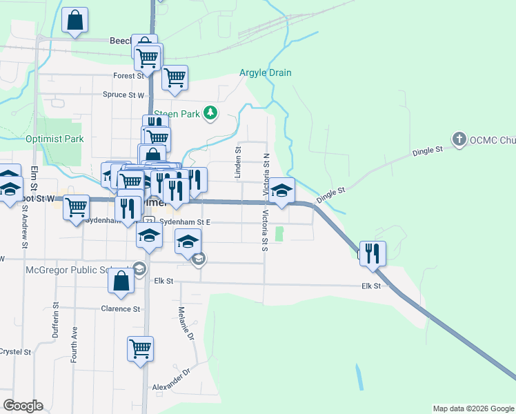 map of restaurants, bars, coffee shops, grocery stores, and more near 316 Talbot Street East in Aylmer