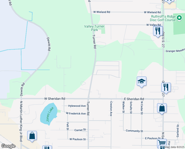 map of restaurants, bars, coffee shops, grocery stores, and more near 16779 Turner Road in Lansing