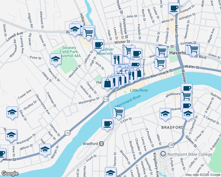 map of restaurants, bars, coffee shops, grocery stores, and more near 135 Washington Street in Haverhill