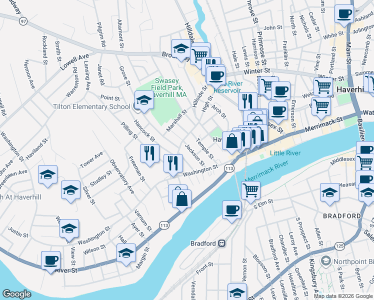 map of restaurants, bars, coffee shops, grocery stores, and more near 30 Jackson Street in Haverhill