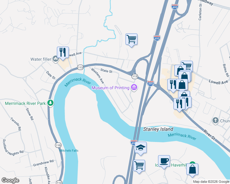 map of restaurants, bars, coffee shops, grocery stores, and more near 1041 Western Avenue in Haverhill