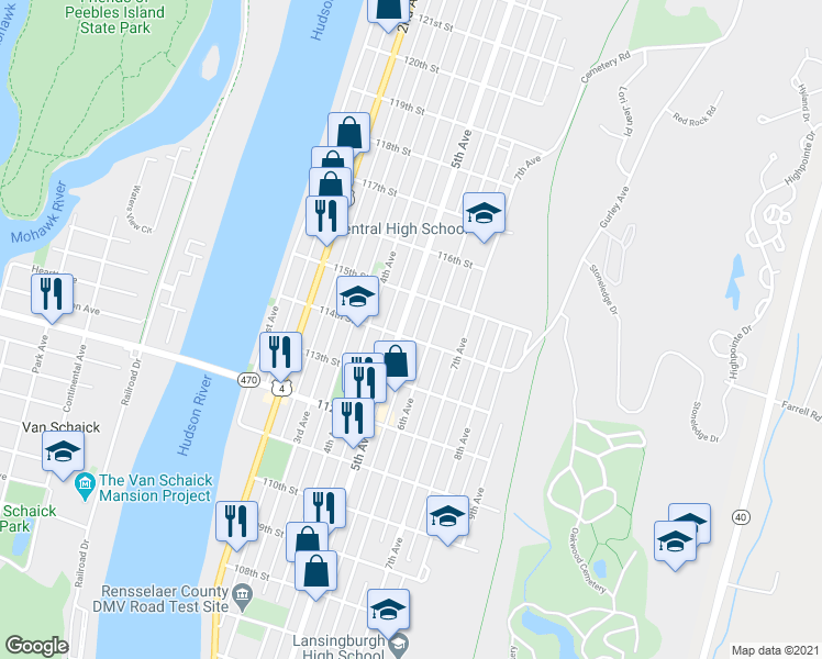 map of restaurants, bars, coffee shops, grocery stores, and more near 532 5th Avenue in Troy