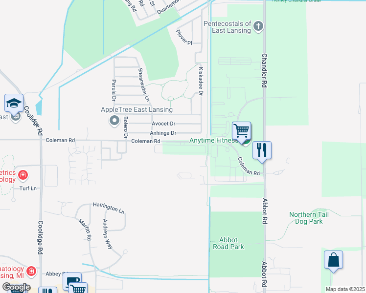 map of restaurants, bars, coffee shops, grocery stores, and more near 3636 Coleman Road in East Lansing