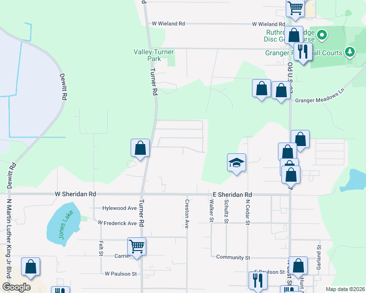map of restaurants, bars, coffee shops, grocery stores, and more near 124 Desander Drive in Lansing