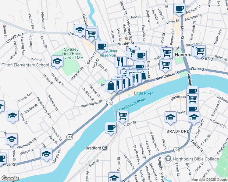 map of restaurants, bars, coffee shops, grocery stores, and more near 26 Washington Avenue in Haverhill