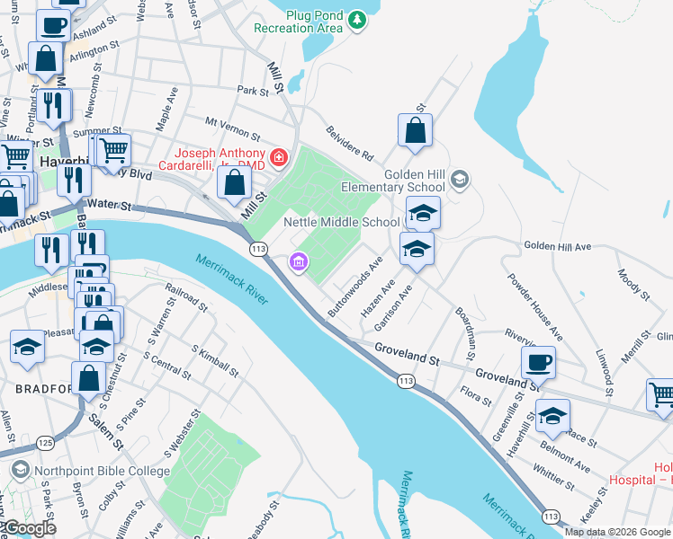 map of restaurants, bars, coffee shops, grocery stores, and more near 30 Woodbridge Street in Haverhill