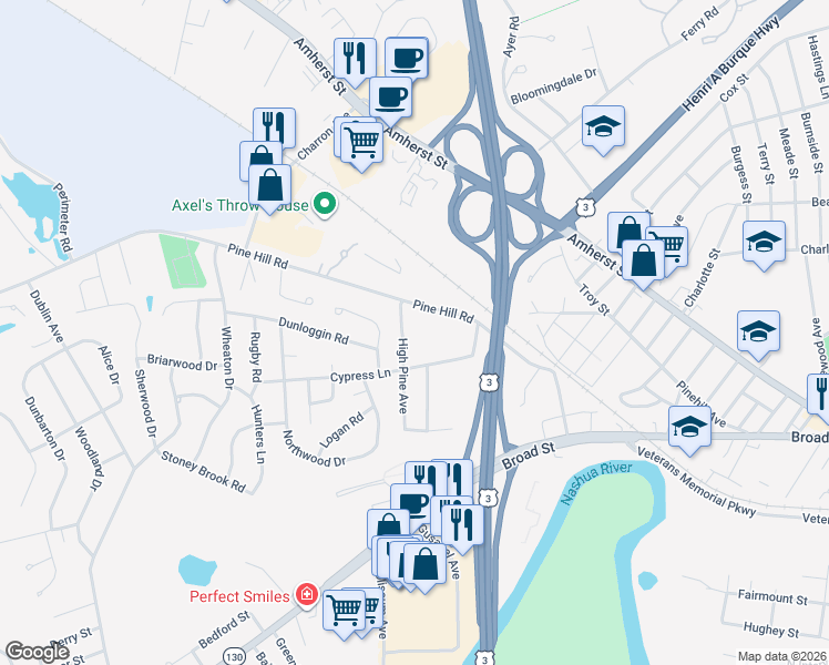 map of restaurants, bars, coffee shops, grocery stores, and more near 6 High Pine Avenue in Nashua