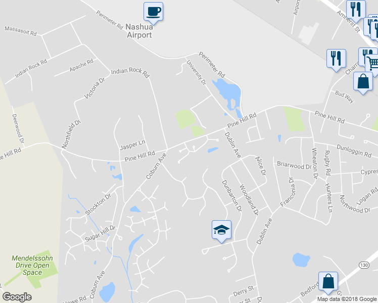 map of restaurants, bars, coffee shops, grocery stores, and more near 2 Jared Circle in Nashua