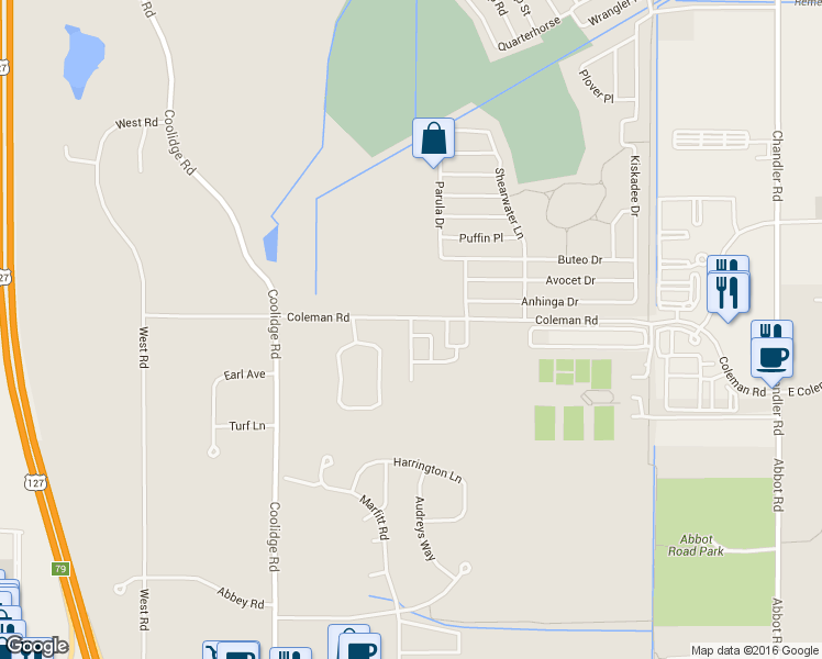 map of restaurants, bars, coffee shops, grocery stores, and more near 3400 Wharton Street in East Lansing