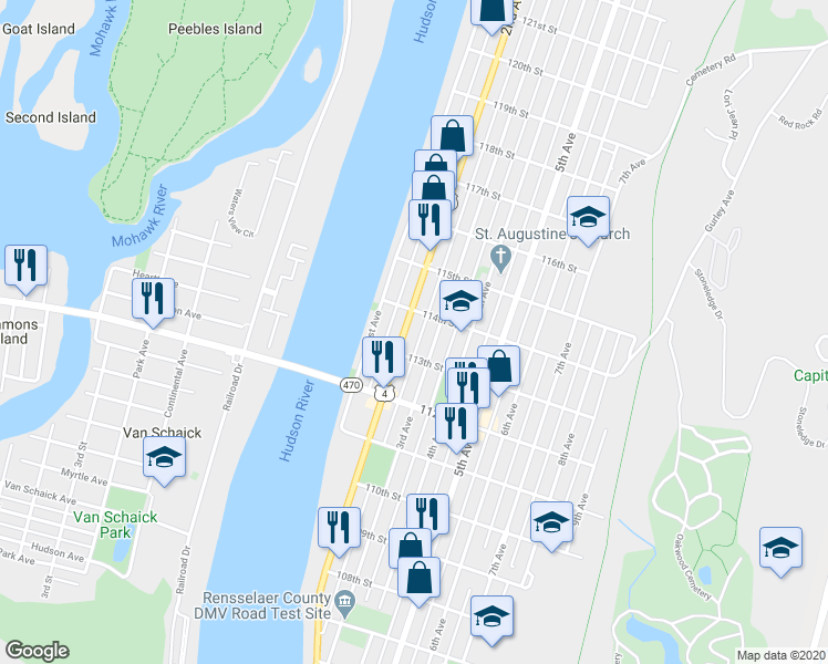 map of restaurants, bars, coffee shops, grocery stores, and more near 522 2nd Avenue in Troy