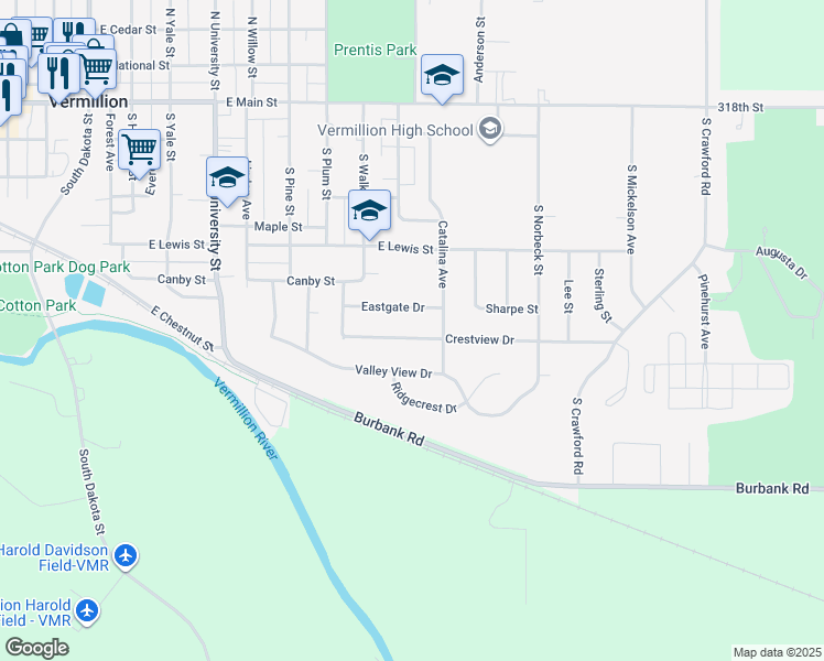 map of restaurants, bars, coffee shops, grocery stores, and more near 960 Crestview Drive in Vermillion
