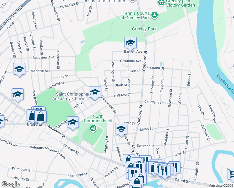map of restaurants, bars, coffee shops, grocery stores, and more near 23 Hall Avenue in Nashua