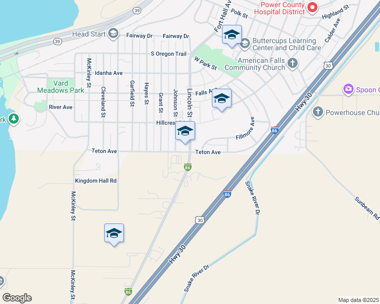 map of restaurants, bars, coffee shops, grocery stores, and more near 598 Lincoln Street in American Falls