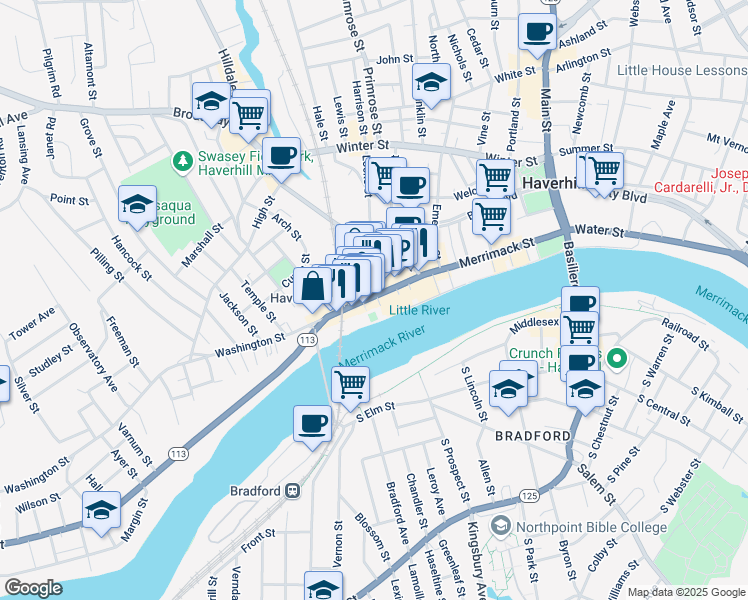 map of restaurants, bars, coffee shops, grocery stores, and more near 102 Washington Street in Haverhill