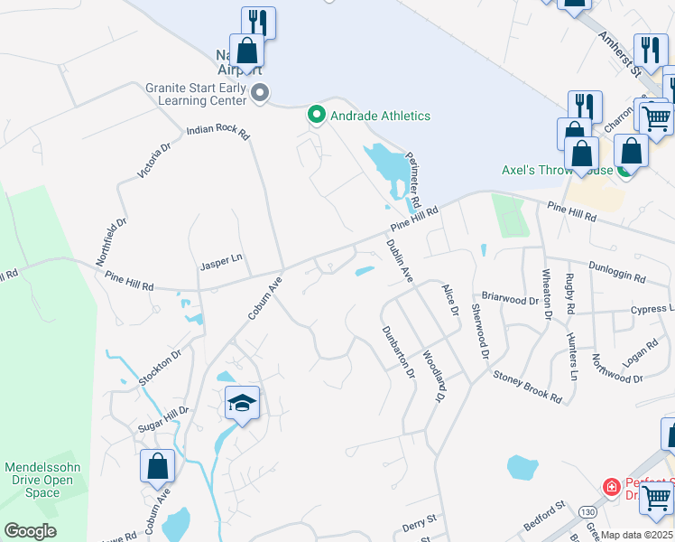 map of restaurants, bars, coffee shops, grocery stores, and more near 2 Jared Circle in Nashua