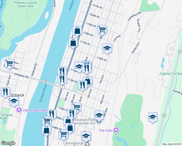 map of restaurants, bars, coffee shops, grocery stores, and more near 532 5th Avenue in Troy