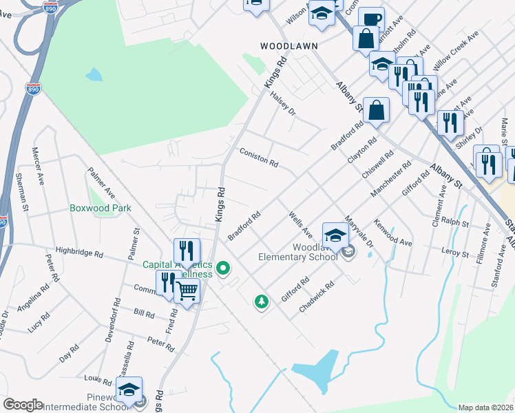 map of restaurants, bars, coffee shops, grocery stores, and more near 484 Bradford Road in Schenectady