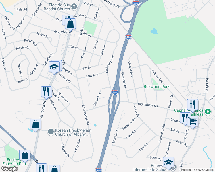 map of restaurants, bars, coffee shops, grocery stores, and more near 1005 Gladstone Street in Schenectady