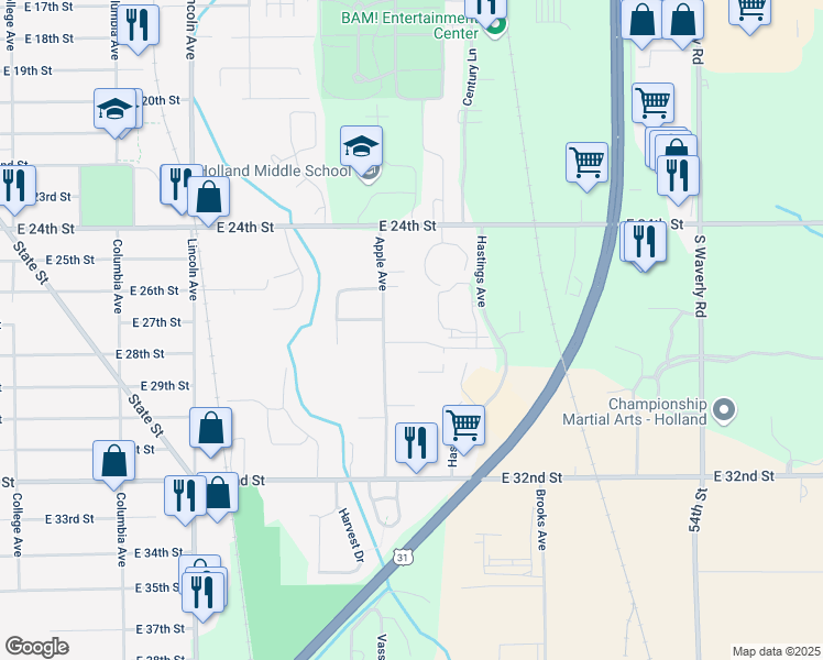 map of restaurants, bars, coffee shops, grocery stores, and more near 663 Apple Avenue in Holland