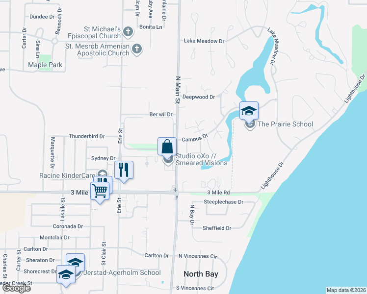 map of restaurants, bars, coffee shops, grocery stores, and more near 151 West Parkfield Court in Wind Point