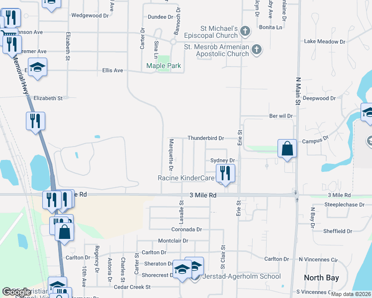 map of restaurants, bars, coffee shops, grocery stores, and more near 4132 Lasalle Street in Racine