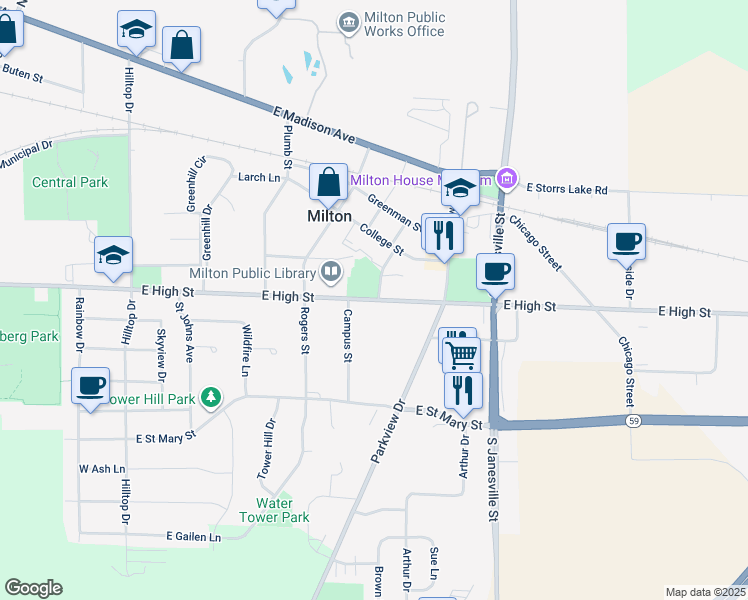 map of restaurants, bars, coffee shops, grocery stores, and more near 513 East High Street in Milton